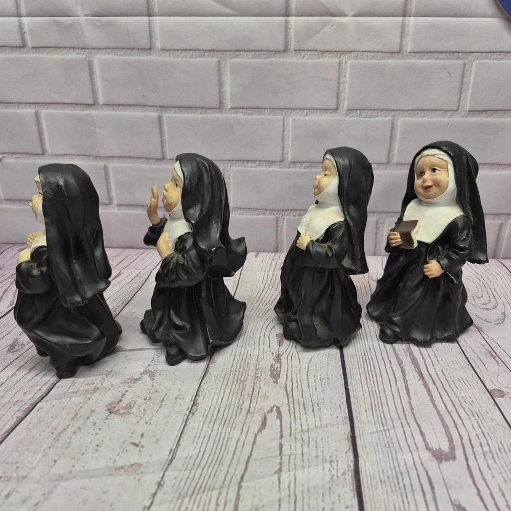 Vintage Set of 4 Singing Nun Figurines Black White Religious Sisters Decor 5in